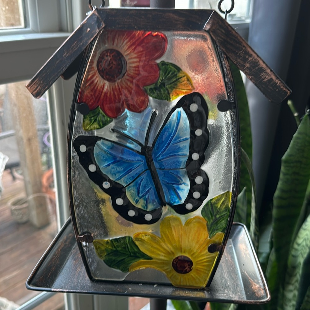 NEW HOME & GARDEN glass butterfly and flower  bird feeder like new